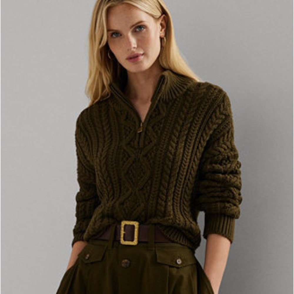 Lauren Ralph Lauren Dark Olive Chunky Cable / Aran Knit Quarter Zip Sweater M